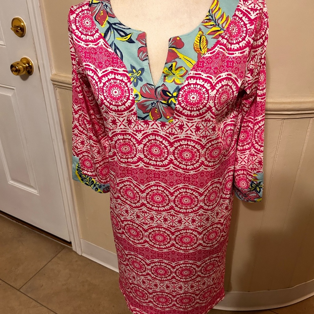 NWT Caribbean Joe Printed Yoke Neck Tunic Dress/Cover Up/Small